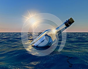 Message in the bottle, bottle floating in the ocean at sunset