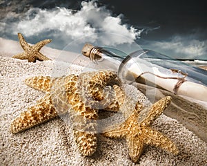 Message in a bottle buried in sand