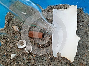 Message in a Bottle. Decorative background with a bottle on the sand with a sheet of paper for posting. 