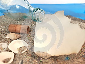 Message in a Bottle. Decorative background with a bottle on the sand with a sheet of paper for posting. 