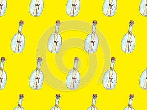 Message in bottle drawing watercolor illustration. Seamless pattern on yellow background.