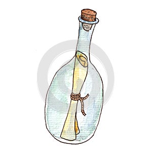 Message in bottle drawing watercolor illustration.A separate element of the pirate set isolated on a white background.