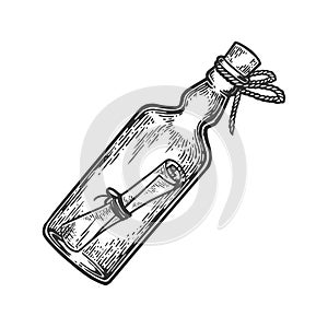 Message in bottle engraving vector illustration