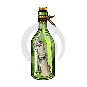 Message in bottle engraving vector illustration