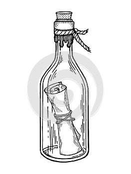 Message in bottle engraving vector illustration