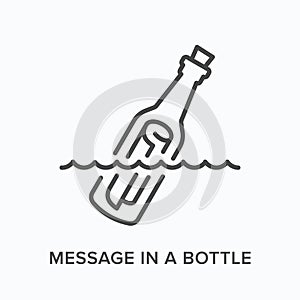 Message in a bottle flat line icon. Vector outline illustration of floating paper scroll. Teasury hunt thin linear