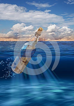 Message in bottle floating on open sea