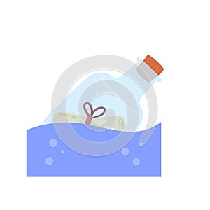 Message in bottle floats in sea. Letter and pirate note in blue water.