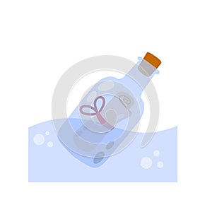 Message in bottle floats in sea. Letter and pirate note in blue water.