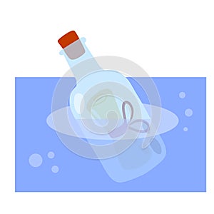 Message in bottle floats in sea. Letter and pirate note in blue water