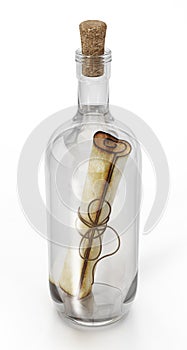 Message in a bottle isolated on white background. 3D illustration