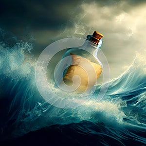 message in a bottle on a rough ocean wave