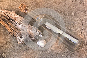 Message in a bottle in the sand of the beach