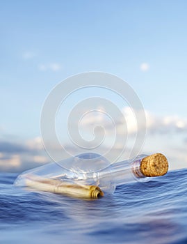 Message in a bottle in the sea 3d render