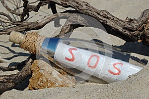 Message in a bottle with SOS signal