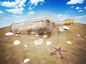 Message in a bottle standing on the beach sand. 3D illustration