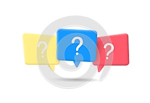 Message box with question mark 3d icon. Chat bubble illustration. Speech communication sign. Ask help concept.