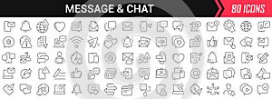 Message and chat linear icons in black. Big UI icons collection in a flat design. Thin outline signs pack. Big set of icons for