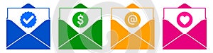 Message envelope flat vector icons, with verification, dollar, at sign, and heart symbols, isolated