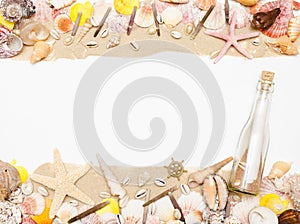 Message in a glass bottle lies on the sand beach with seashells and starfish