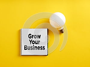 The message grow your business on notepad with a light bulb. Business growth strategy