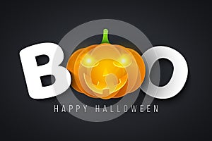 Message for Halloween boo. Festive poster. Glowing yellow eyes. Happy holiday. Cartoon pumpkin with angry smile. Cover for your de