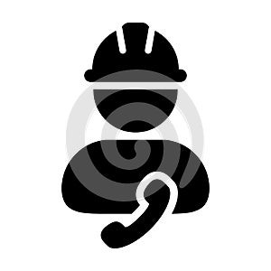 Message icon vector male construction worker person profile avatar with phone and hardhat helmet in glyph pictogram