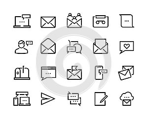 Message line icons. Email and text communication, phone message and online notification. Vector mobile conversation icon