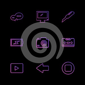 message , monitor , cutter , battery , click , casette , play ,youtube , left ,arrow , stop , eps icons set vector