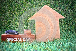 The message on the plank written as Special day and the coin placed vertically higher on the grass background. Financial Concept