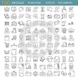 Message related. Law and Justice. Online purchase. Documents management line icons set