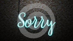 The message Sorry neon light on Brick wall bcakground