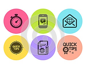 Message, Timer and Web mail icons set. Tips, Documentation and Quick tips signs. Vector