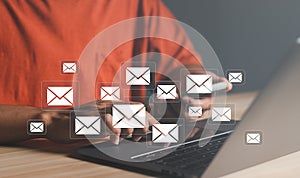 New email notification on laptop, email marketing concept, send e-mail or news letter, online working internet network.
