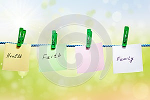 Messages written on sheets of paper on green background