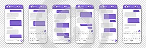 Messaging app design, user interface. Blank SMS text frame. Conversation chat screen with violet message bubbles. Social