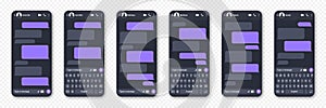 Messaging app design, user interface. Blank SMS text frame. Conversation chat screen with violet message bubbles. Social