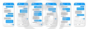 Messaging app design, user interface. SMS text frame. Conversation chat screen with blue message bubbles and placeholder