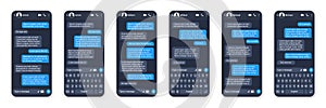 Messaging app design, user interface. SMS text frame. Conversation chat screen with blue message bubbles and placeholder