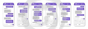 Messaging app design, user interface. SMS text frame. Conversation chat screen with violet message bubbles and