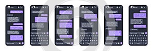 Messaging app design, user interface. SMS text frame. Conversation chat screen with violet message bubbles and