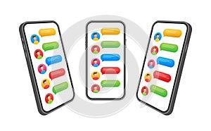 Messaging concept. Chatting people. Chat text bubbles on phone screen. Vector stock illustration.