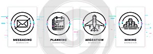 Messaging, planning, migration, mining. Business theme glitched black icons set.