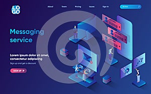 Messaging service concept 3d isometric web landing page.