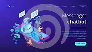 Messenger chatbot isometric 3D landing page.