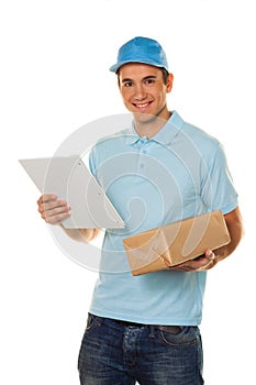 Messenger of messenger service delivers parcel photo