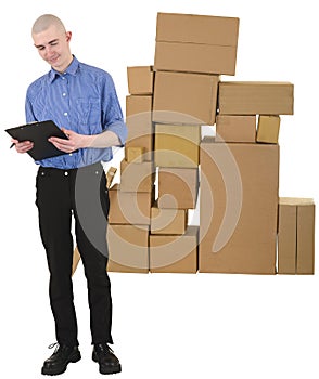 Messenger and pile of cardboard boxes