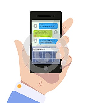 Messenger screen. Mobile text messages in speak bubbles online communication chatting app vector concept