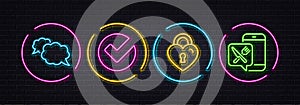 Messenger, Verify and Love lock minimal line icons. For web application, printing. Neon laser 3d lights. Vector