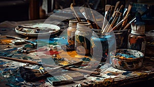 Messy artist paints vibrant chaos indoors unhygienic studio generated by AI